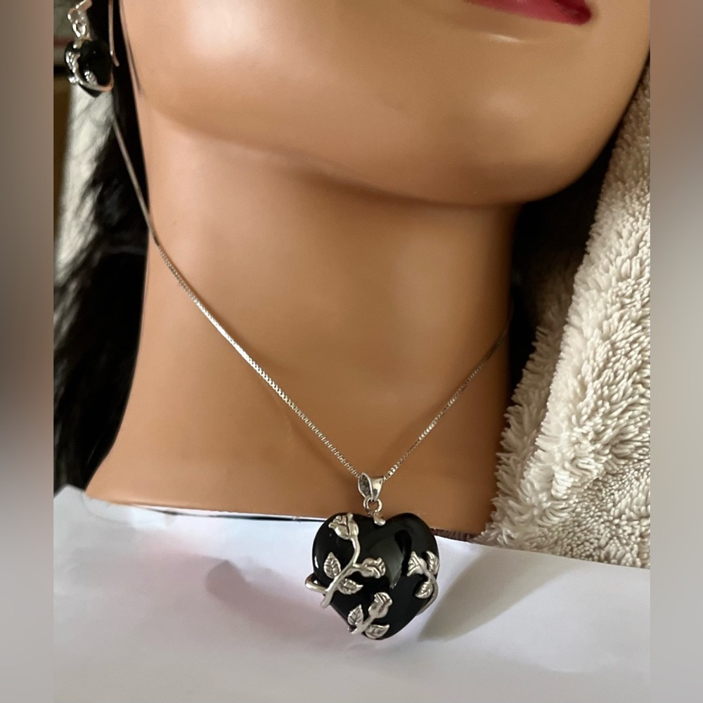 925 (EUC) onyx pierced earrings pendant 20” necklace set signed  vintage jewelry - Picture 8 of 17